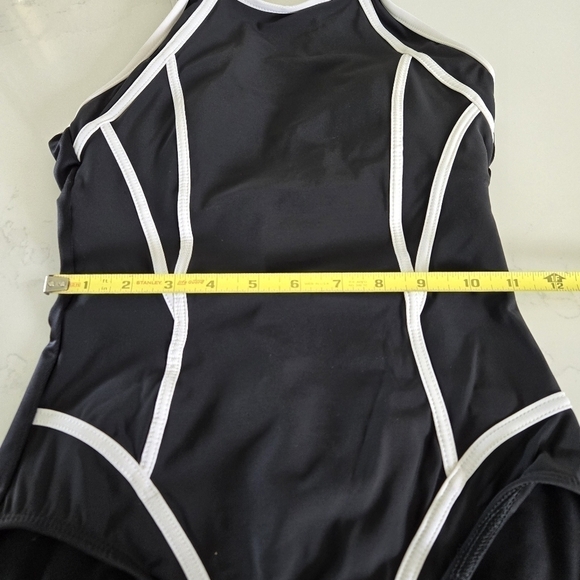 MIRACLESUIT Line Up One-Piece Swimsuit Sculpting High-Neck Black White Piping - Picture 6 of 11
